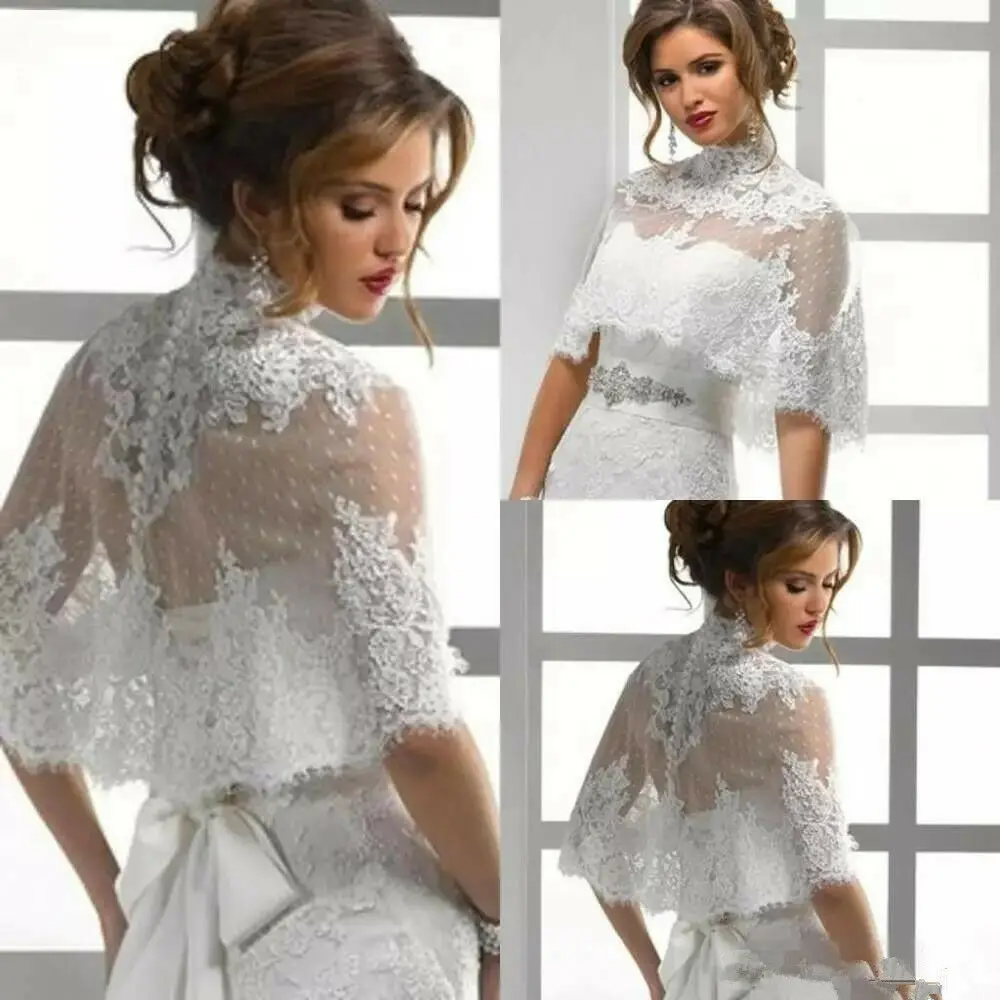 Hot High Neck Wedding Capes Bridal Jackets Wraps Jackets Short Bolero Top Lace Shawl Shrug White Ivory Custom Size Jacket New
