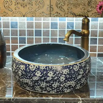 

Europe Vintage Style Ceramic Sinks Counter Top Wash Basin bowl blue and white ceramic wash basin Bathroom Sink