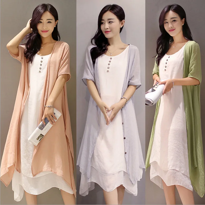 

Cotton and Linen Dress 2019 Summer Vintage Women Dress Two-piece Set Solid Regular Sleeve O-Neck Dresses Plus Size