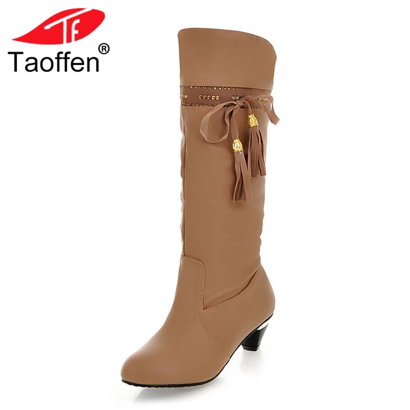 

TAOFFEN Sexy Women High Heel Boots Bowknot Fringes Warm Shoes Women Crystal Mid Calf Boots Fashion Party Shoes Size 34-43