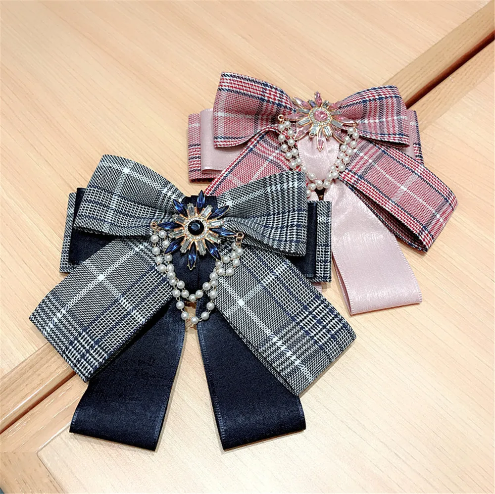 

Korea Handmade Fabric Plaid Vintage Bowknot Rhinestone Pearl Shirt Pins Neck Bow Tie Accessories Fashion Jewelry-YHNLB041F