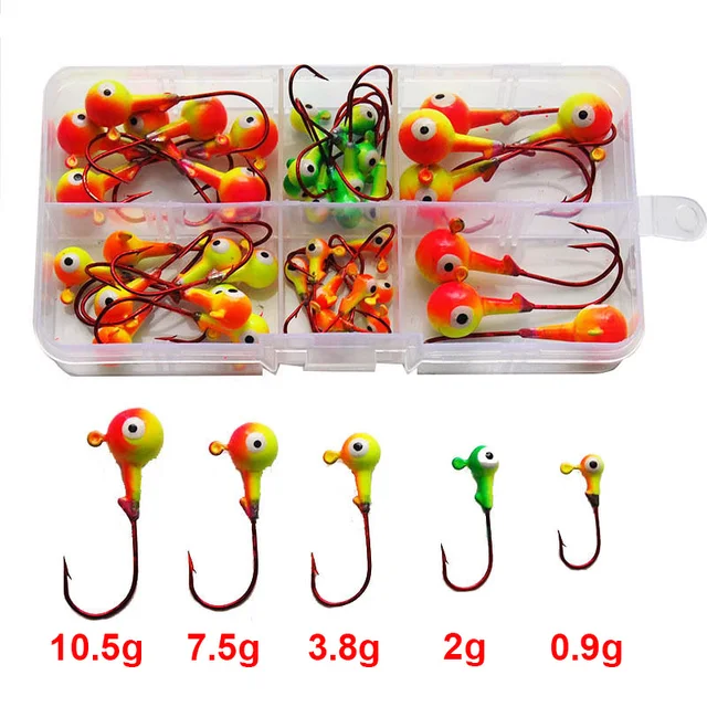 46pcs Multicolor 3D Fish Eyes Jig Head Fishing Hooks High Carbon Steel Red Lead Head Lures Fishing Hooks Set With Box