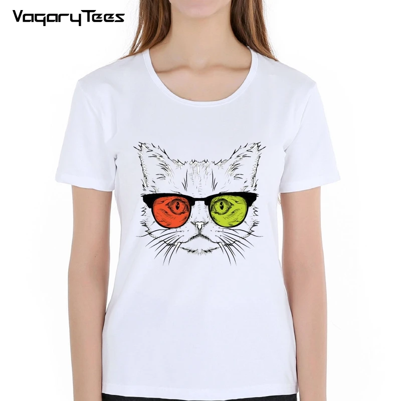 New Cool Cat Print T Shirt Summer Short Sleeve O neck T shirts White