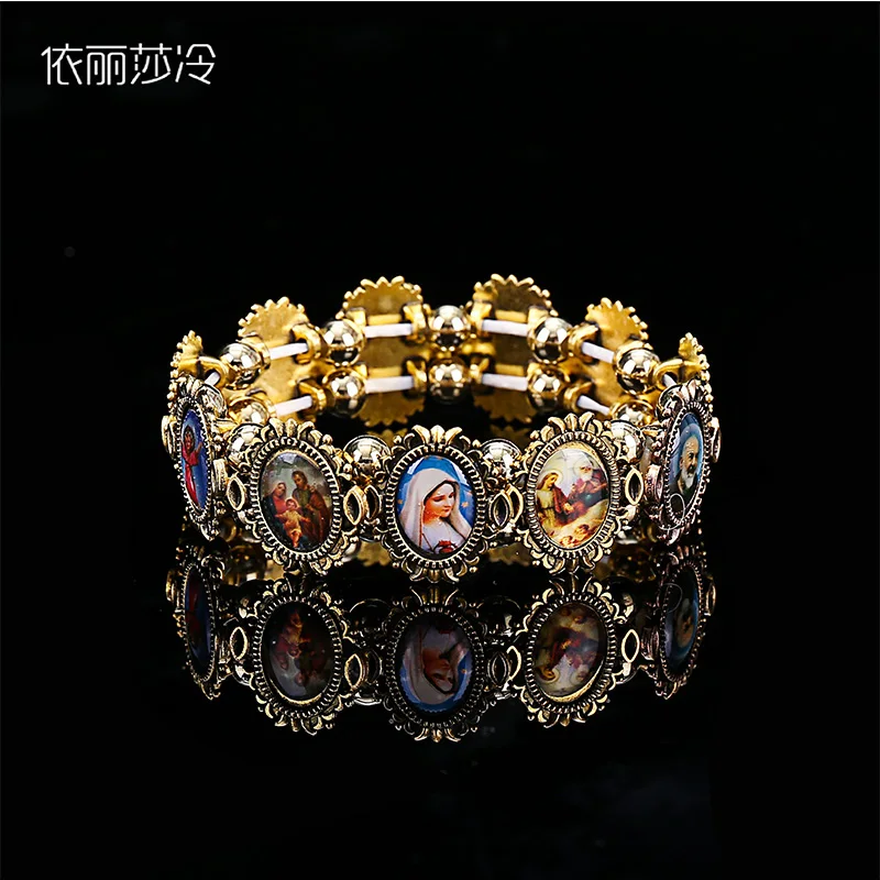 Icon Catholic Rose Rosary bracelet Jesus Holy Angel Mary Fashion Religious jewelry alloy elastic bracelet bangle bracelet