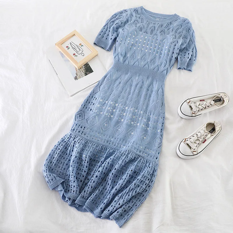 2019 new fashion women's dresses Simple round neck openwork knit slim mid-length dress K092