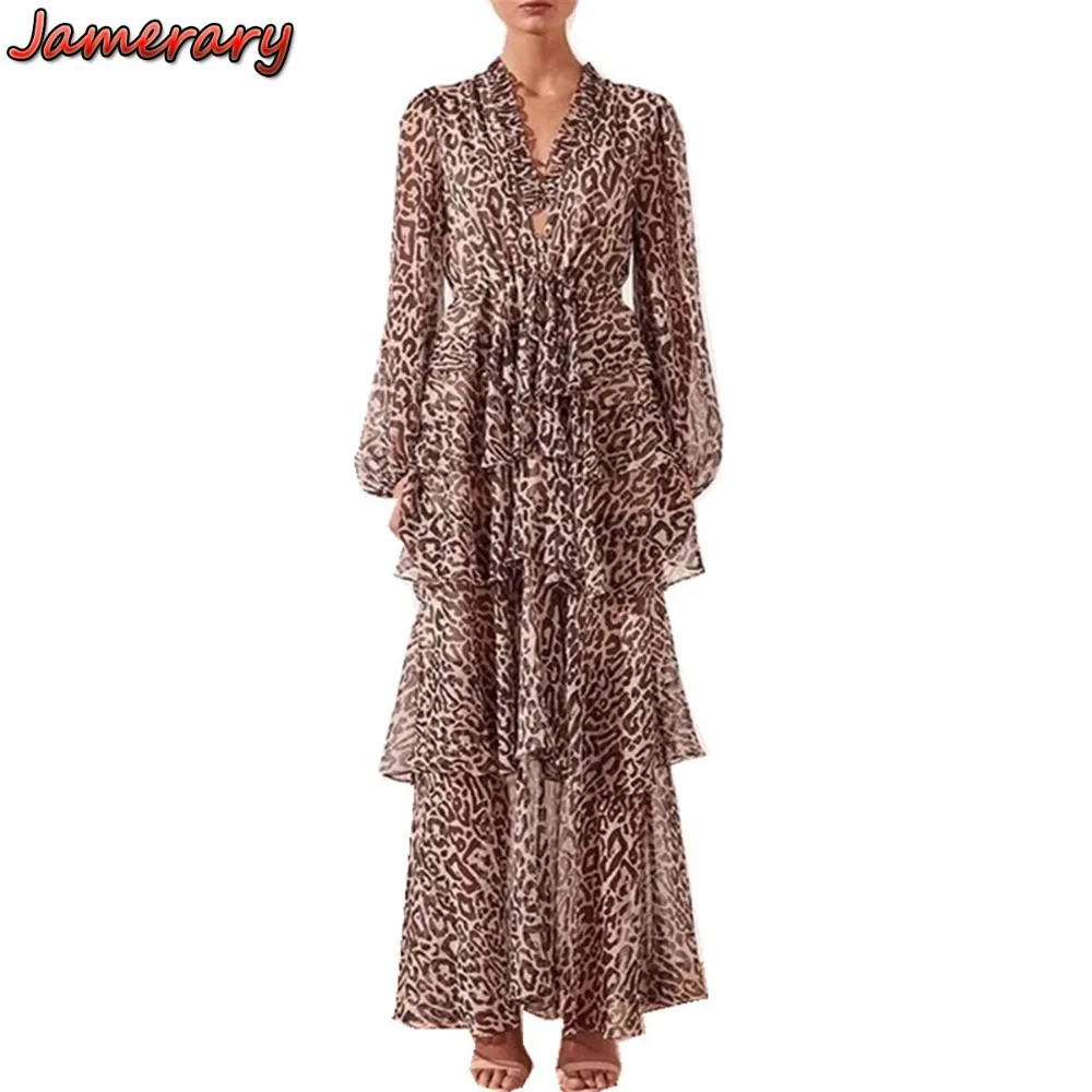

Runway Designer 2019 Summer Women Leopard Chiffon Dress Long Sleeve V Neck Lace-up Layered Ruffles Bohemian Boho Maxi Dress