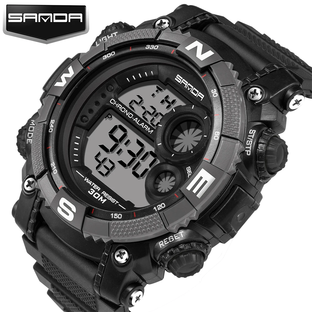 Лидер продаж Санда бренд цифровой светодиодный Подсветка секундомер 3ATM Армия Спорт наручные часы подарок для Для мужчин мальчик черный 323