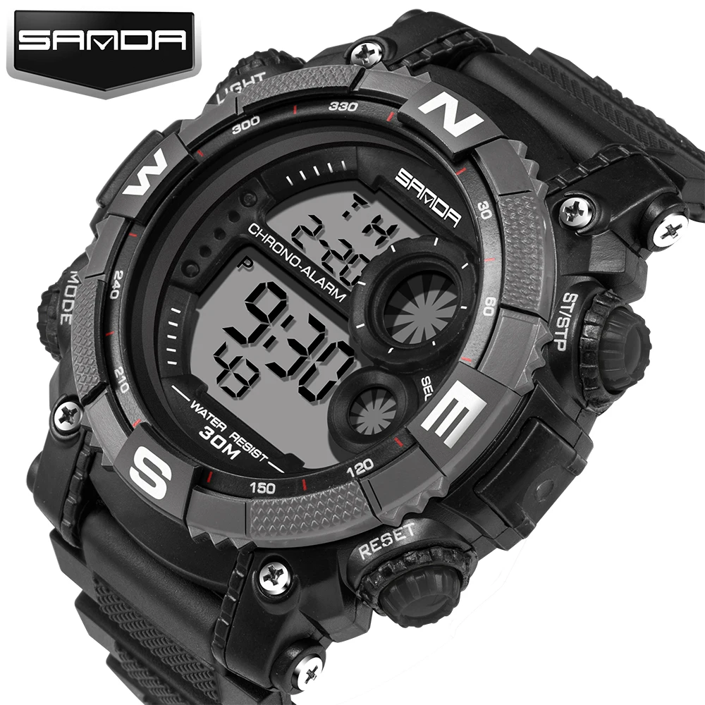 

Hot Sale SANDA Brand Digital LED Backlight Stop Watch 3ATM Army Sport Wrist Watch Hours Gift for Men Boy Black 323