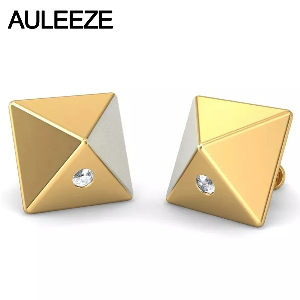 Unique Stereo Pyramid Earrings Round Cut Natural Diamond Party Stud Earrings Solid 14K 585 Two Tone Gold Earrings For Women two tone crystal stud earrings