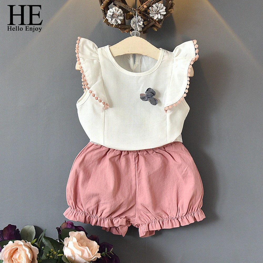

HE Hello Enjoy Summer Children Clothing 2018 Fashion Kids Clothes Sleeveless White Tops+Shorts Suits Toddler Girls 2 Piece Set