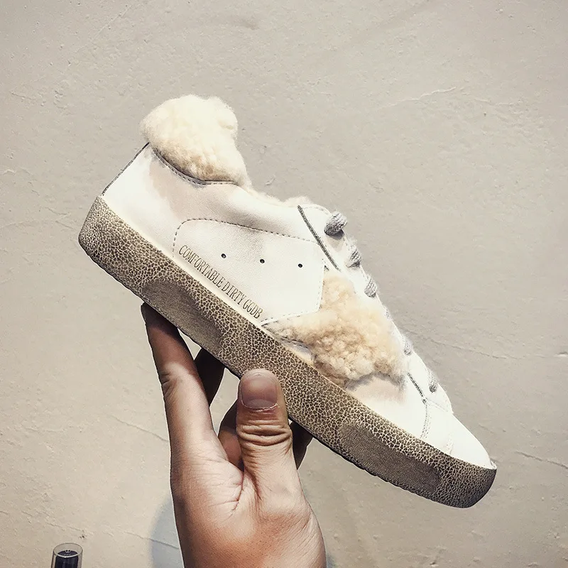 

SWYIVY Woman White Sneakers Cashmere 2019 New Winter fur Retro Genuine Leather Woman Casual Flat Shoes Dirty Female Shoes 40Plus