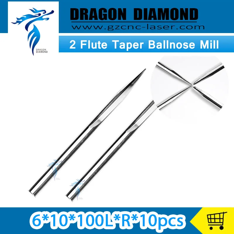 

10pcs/lot 6*10D*100L R0.5/0.75/1.0/1.5 CNC Double Flute taper ball nose mill Two straight flute V shape bits