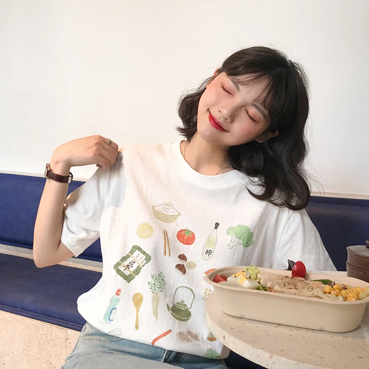

harajuku tshirt women tops 2019 summer korean clothes fashion sweet vintage print vegetable food friends white t shirt women