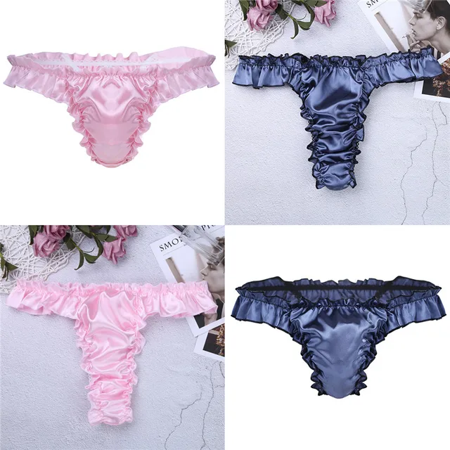 Hot Sexy Mens Satin Underwear T Back Sissy Panties Grid Thong Seamless Enhance Pouch GayBikini Briefs Pants Mens Underwear -