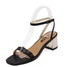2016 New Summer Style Woman Sandals Concise Word Button Buckle Medium Heel Shoes Rivets Square Sandals Women Free Shipping