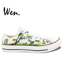 Wen Original Hand Painted Shoes Design Custom Chinoiserie Bamboo Men Women’s Low Top White Canvas Sneakers for Gifts