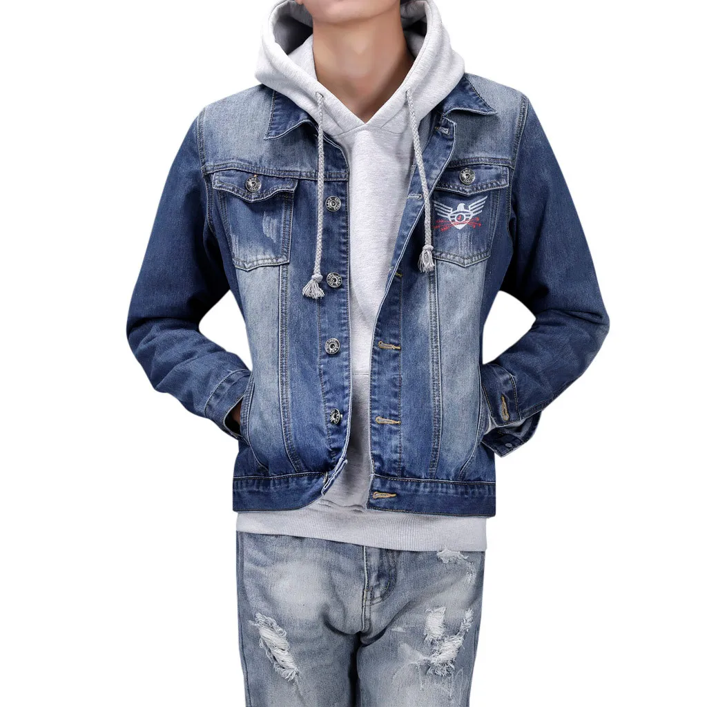 feitong men's denim pockets pullover jackets man slim long sleeve soft casual jacket male single 