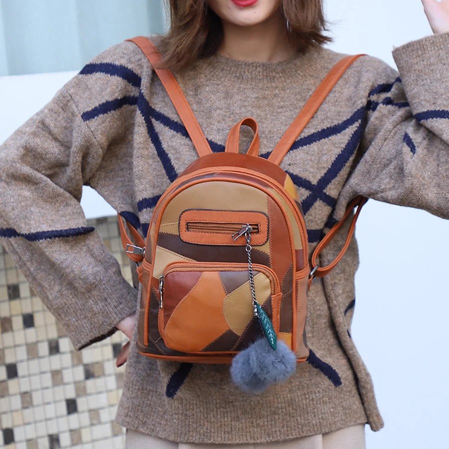 Винтажный лоскутный кожаный женский плюшевый рюкзак с подвеской для путешествий, модная сумка для книг, женская сумка для школы, сумка Mochila с бахромой