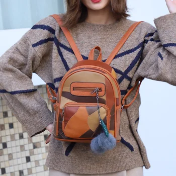 

Vintage Patchwork Leather Women Backpack Plush Ball Pendant Travel Fashion Bookbag Female Gir School Bags Tassel Mochila