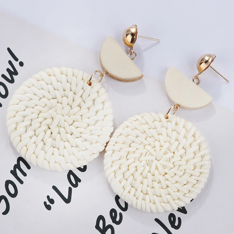 

Hand woven round earrings boho rattan woven straw pendant earrings women's jewelry