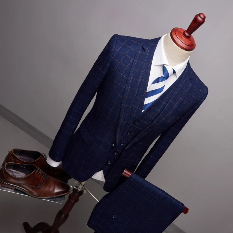 Men Tuxedo Suit 3 Piece Latest Designers 2018 Slim Fit Men's Formal Suits Set Groom Wedding Dress Man Plaid Prom Suit