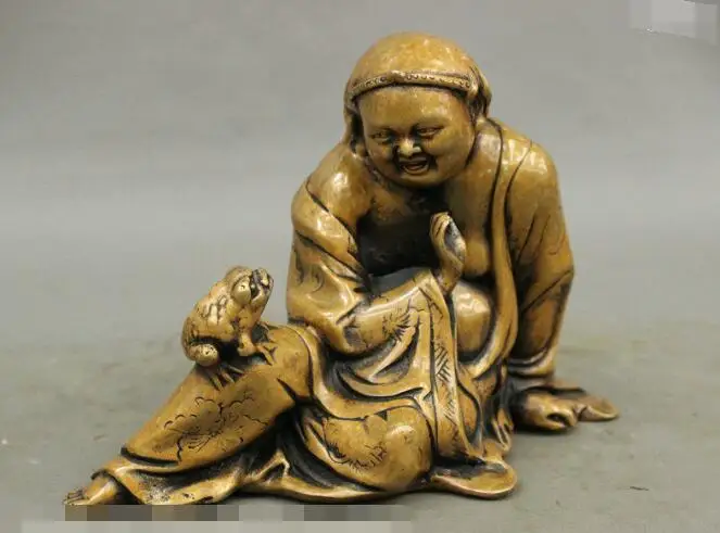 

S03222 7" Pure Copper Bronze LiuHai Wealth Golden Toad Hoptoad Chinese Myth Art Statue (B0413)