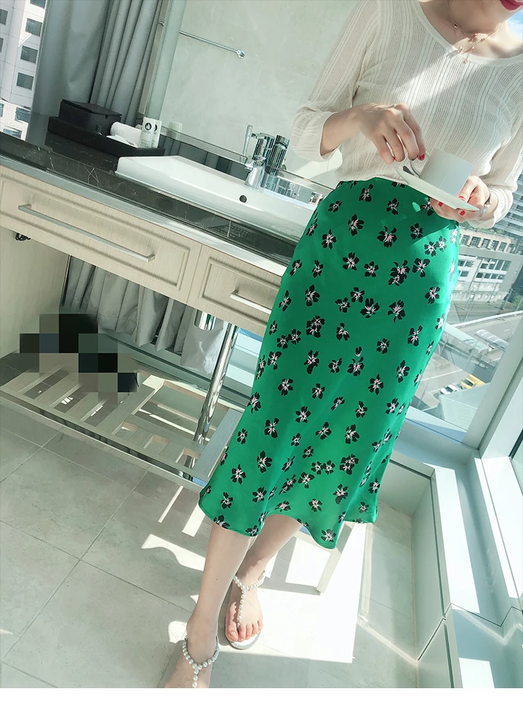 

Fishtail Skirt Women 100% Silk New 2019 Emerald Green Sexy Print Jupe Clothing