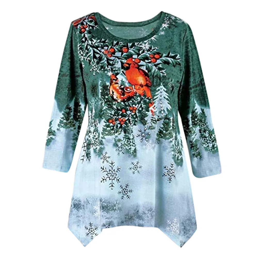 

Plus Size Harajuku Female T-shirt Women's Winter Festive Waterfall Christmas Irregular Hem Tops Casual Top long sleeve shirt#30