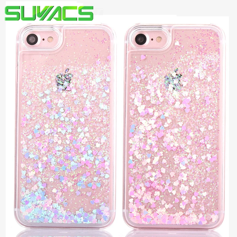 SUYACS ل iphone 5 5 S SE 5C 6 6 S 7 8 زائد X حالة بريق قلوب السائل الرمال المتحركة الصلب جهاز كمبيوتر شفاف الهاتف الحالات غطاء كوكه