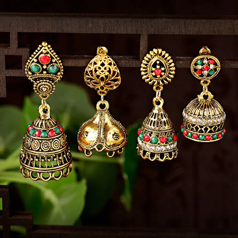 

DOUVEI 2019 Vintage Gold Indian Earrings For Women Jhumka Earrings Classical Luxury Statement Hollow Earrings Ohrringe HXE076