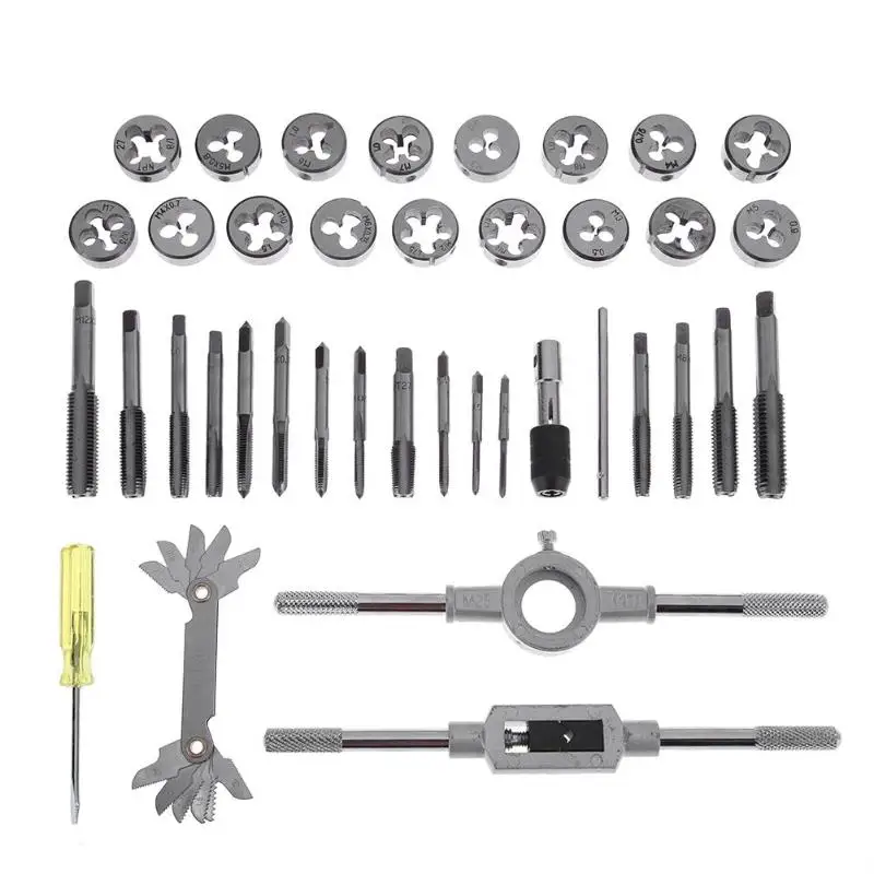 40Pcs/Set Carbon Steel Tap and Die Set Metric Tapping Threading Machine Wrench Screwdriver pitch Gauge Drift Holder Hand Tools