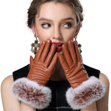 Autumn Gloves Women Genuine Rabbit Fur PU Leather Warm Gloves Black Mittens Winter Ladies Full Palm Touched Velvet Ladies G037