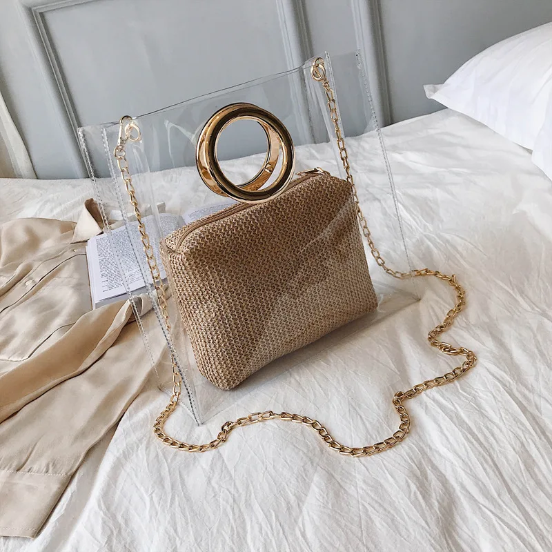 

Metal Ring Clear Transparent PVC Women Bags Solid Color Simple Ladies Composite Shoulder Bag Jelly Clear Hot Sale Handbag 2019