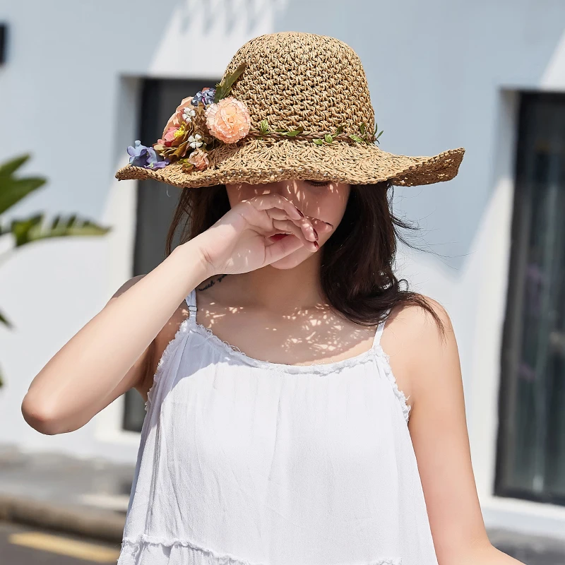 Ahuecado-hacia fuera sombrero versión coreana Chao Baitie flores sombrero de paja de verano de playa hecho a mano sombrero de paja plegable - 4