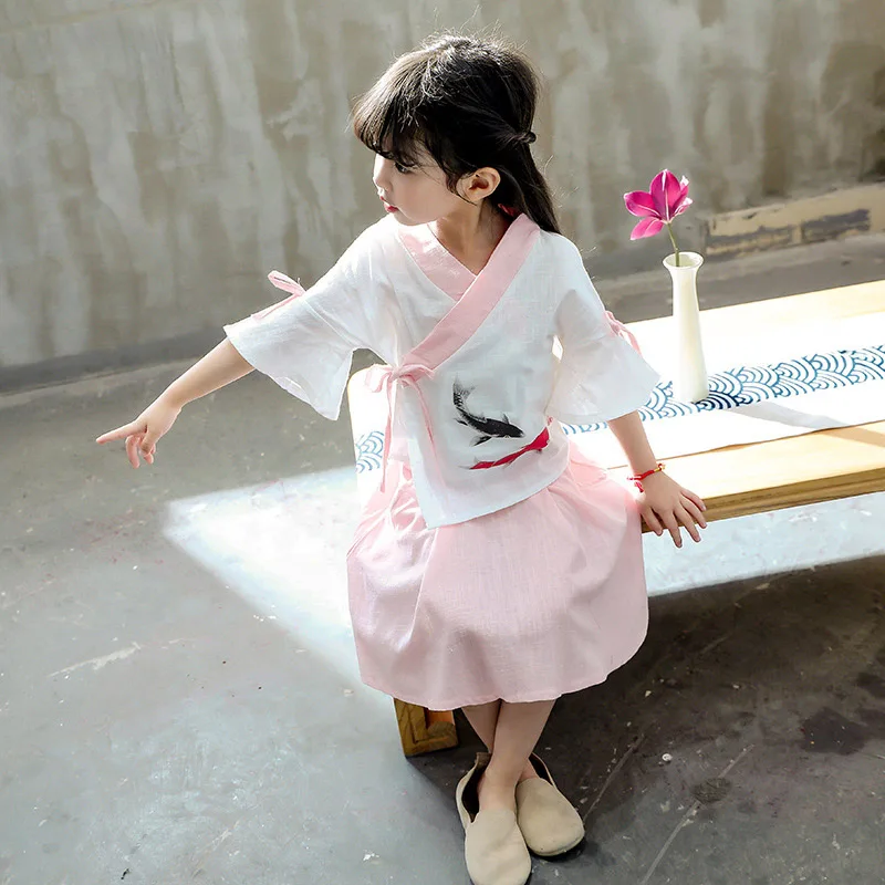 Hanfu/Новые костюмы для традиционного китайского танца для девочек, летний китайский традиционный костюм в стиле Тан, детский Национальный костюм, DQS2359 - Цвет: pink