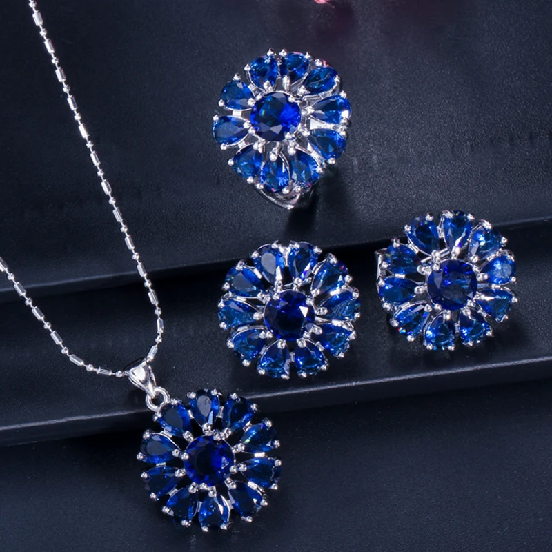 BeaQueen Африканский женский Цирконий Серебро 925 ювелирные изделия Большой Подсолнух CZ чернильный синий кристалл ожерелье серьги и кольцо наборы JS035