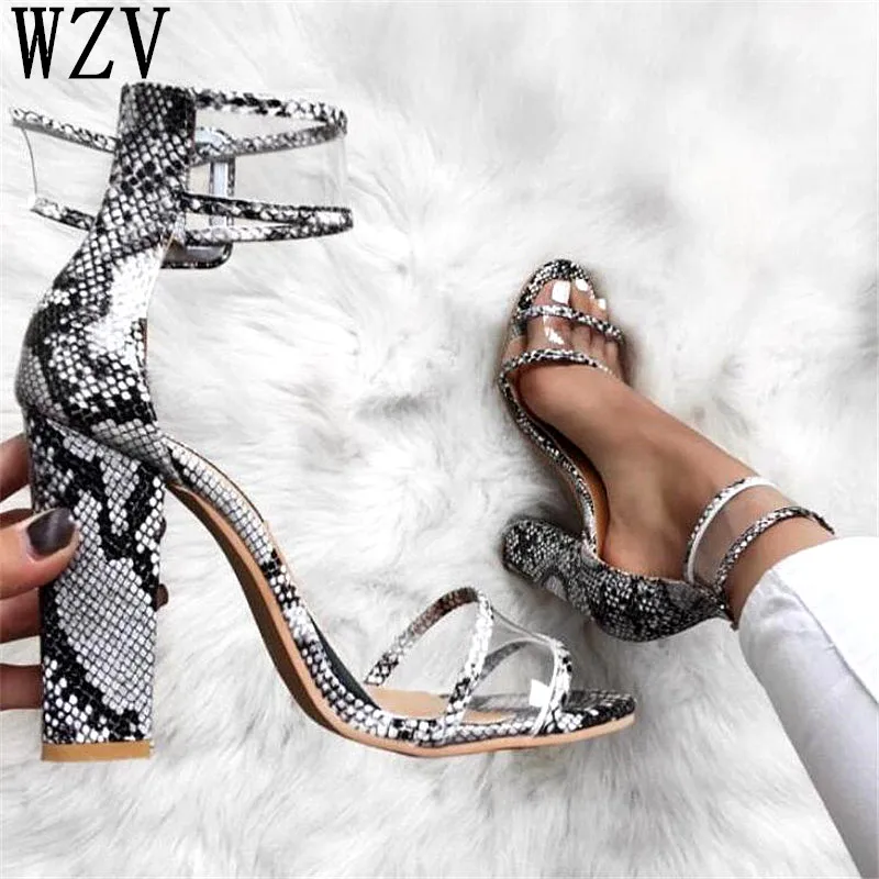 

2019 Women Sandals Celebrity Wearing Simple Style PVC Snake pattern sexy Strappy Buckle Sandals High Heels Shoes Woman b11