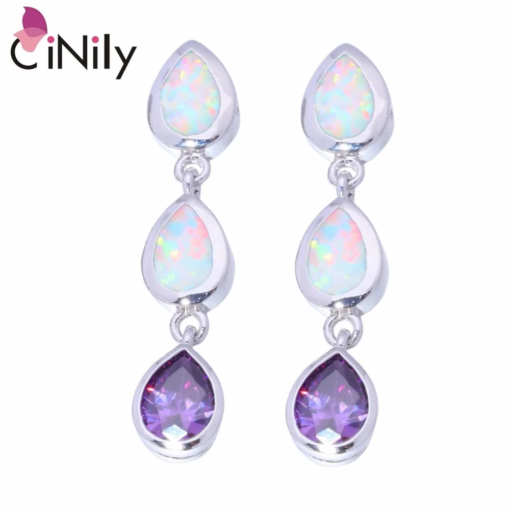 

CiNily Created White Fire Opal Purple Zircon Silver Color Wholesale Hot Sell for Women Jewelry Stud Earrings 1 3/8" OH2480