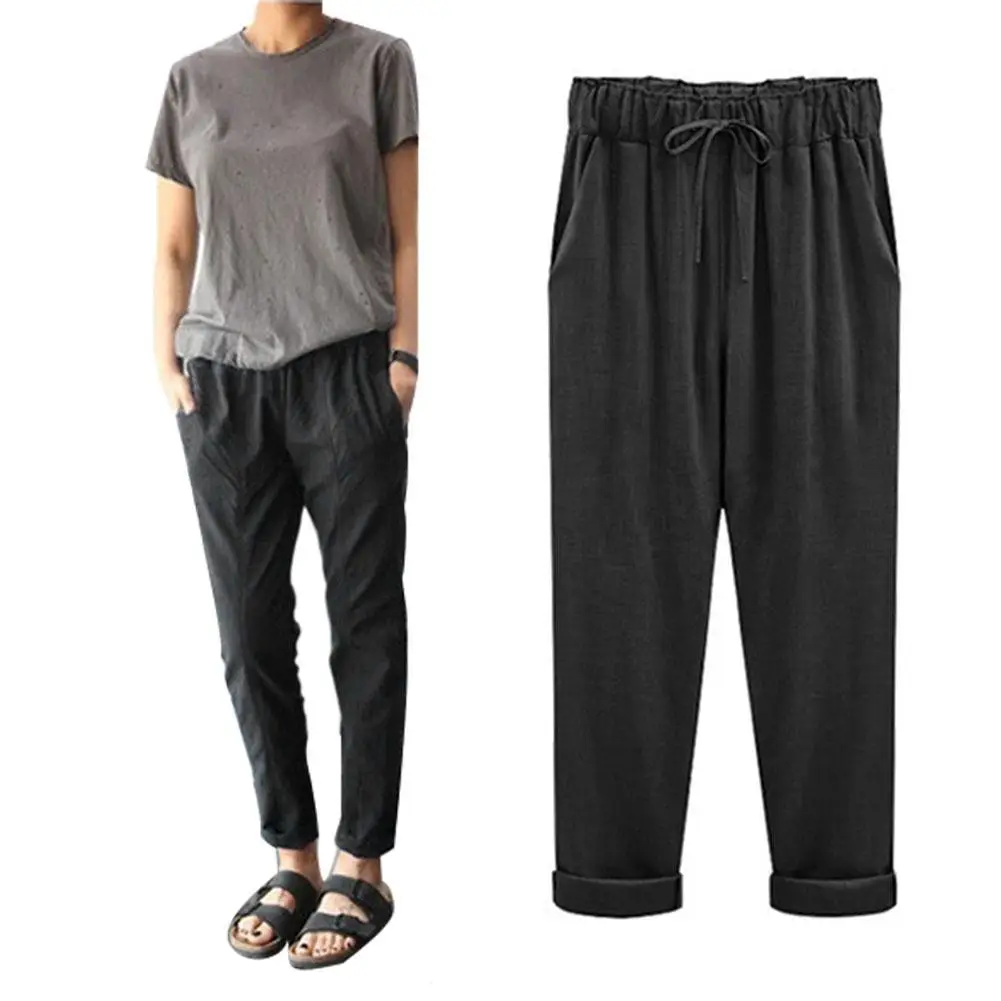 

New Plus Size Casual Cotton Linen Ninth Trousers Solid Color Women Loose Harem Pants