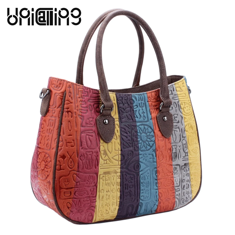 

UniCalling fashion panelled genuine leather handbag shoulder bag real cow leather striped women bag hieroglyphic pattern