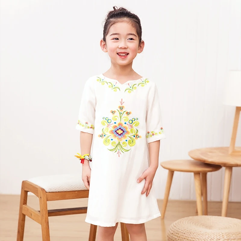 

clothing spring and summer new girls solid color temperament national wind embroidery dress small fresh cotton and linen dress