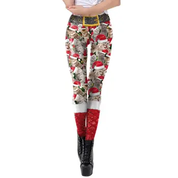 

Christmas Hat Cat Print Elastic Leggings Skinny Pencil Pants Long Trousers Women