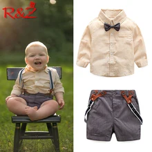 R& Z/костюм для малышей г., летний костюм джентльмена в европейском и американском стиле для мальчиков Однотонная рубашка с галстуком-бабочкой штаны на бретелях два комплекта