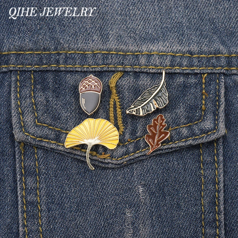 

QIHE JEWELRY Leaf Enamel Pin Apricot leaf Acorn Palm Badges Plant Lapel Pin Autumn Fall Plant Lover Gifts Cute Tiny Leaf Jewelry
