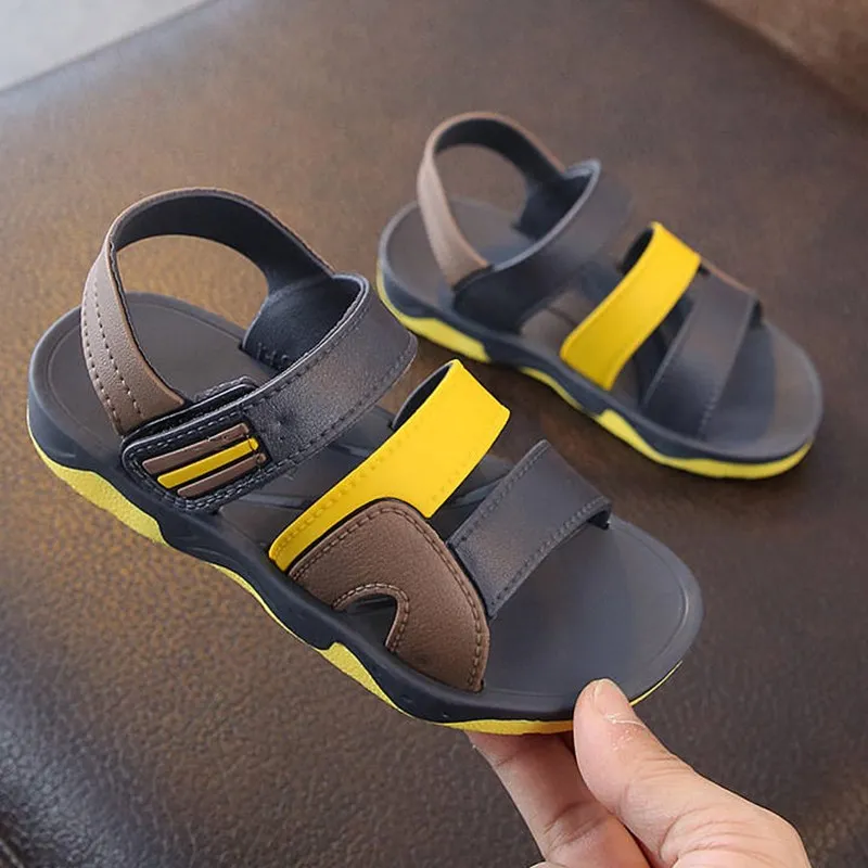 Летние детские сандалии для мальчиков; пляжная обувь на плоской подошве; детские спортивные кожаные сандалии для студентов; мягкая Нескользящая модная детская обувь; 26-35 - Цвет: Цвет: желтый