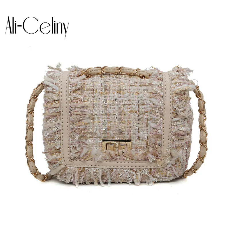 

Brand Designer Woolen Women Messenger Bag Chain Weave Shoulder Bags Ladies Patchwork Crossbody Bag Small Flap Bolsa