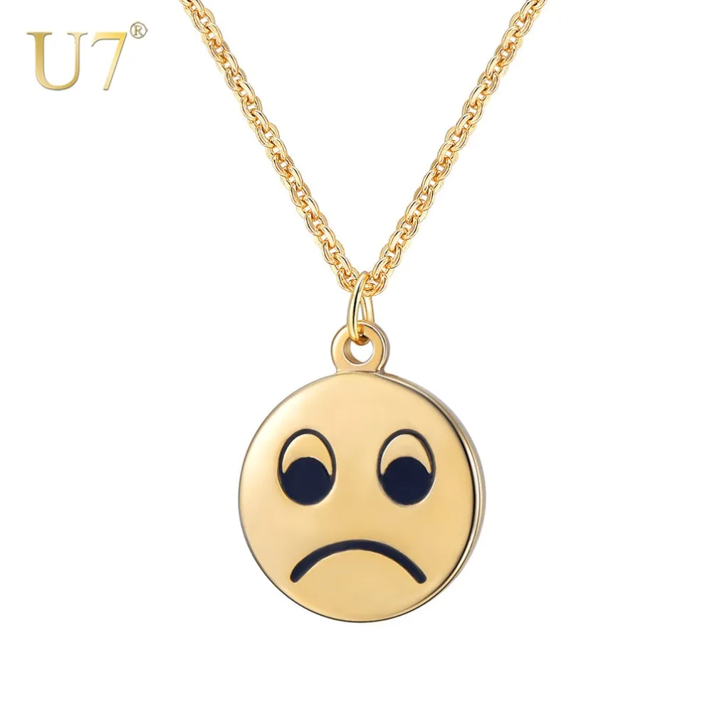 

U7 Cartoon Emoji Necklace & Pendant for Women Round Expression Choker Collars Stainless Steel Funny Cute Jewelry Gifts P1235