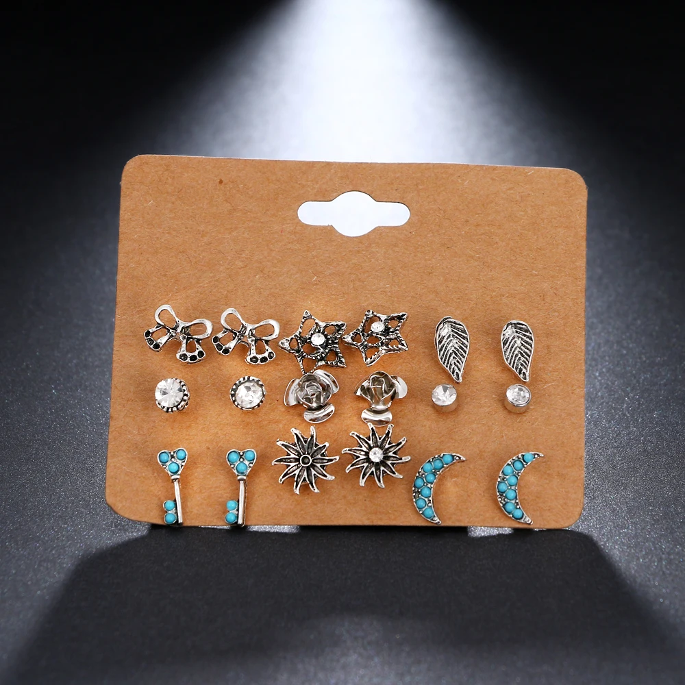 

KISSWIFE Shellhard Femme Brincos Stud Earring 9 pair/set Vinatge Mixed Rhinestone Moon Sun Leaf Earrings Sets For Women Boho Je