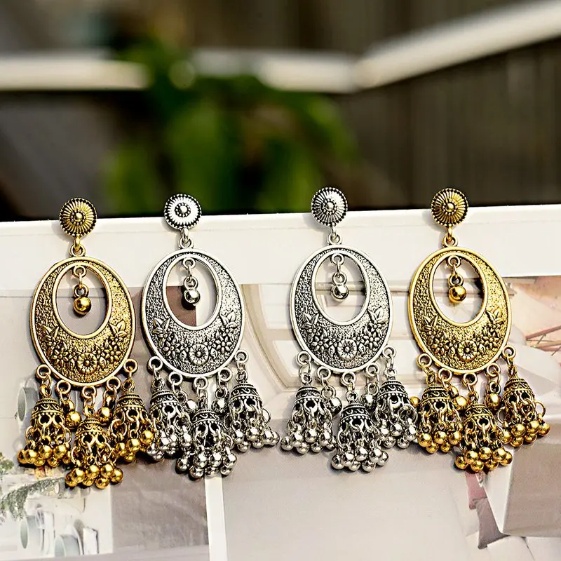 OIQUEI индийские ювелирные изделия Jhumka золотые Серебряные Колокольчики длинные