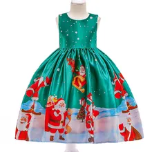 Новые летние девушки сладкий Рождественское праздничное платье Санта Клаус Лось снег Атлас принтом Детские платье принцессы